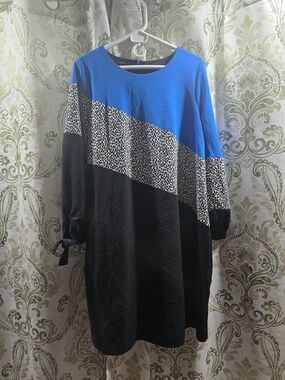 Alfani Blue and Black Long-Sleeve Colorblock Dress with Animal Print